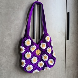 Handmade Crochet Smiley Face Floral Bag