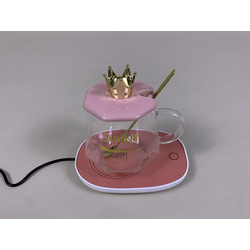 Glass Mug w/USB Warmer Coaster  - Pink 400ml
