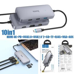Converter Type-C to HDMI+VGA+PD+SD+TF+RJ45+AUX Hoco HB33 HUB 10in1