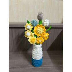  3 Tulips, 1Sunflower, 3 Chamomiles, 2 Puff (ថូដបថ្ម) ផ្កាជាថូ ទូលីប,ឈូករត្ន៍,ឆាម៉ូម៉ាល,ផ្កាប៉ោង