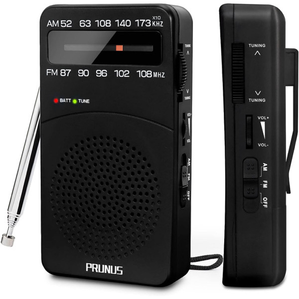 PRUNUS Portable Radio AM FM, Battery Operated Radio with Tuning Light, Back Clip