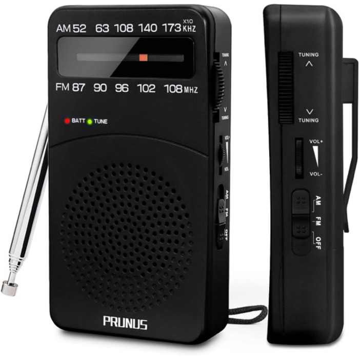 PRUNUS Portable Radio AM FM, Battery Operated Radio with Tuning Light, Back Clip