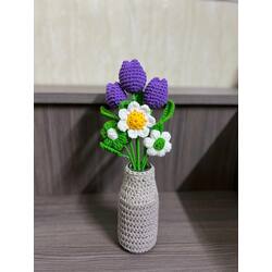  Crochet Flowers Bouquet 3 Tulip, 1 Chamomile, 2 Puff (ថូដបថ្ម) ផ្កាជាថូចំរុះ ទូលីប ផ្កាប៉ោង ឆាម៉ូម៉ាល