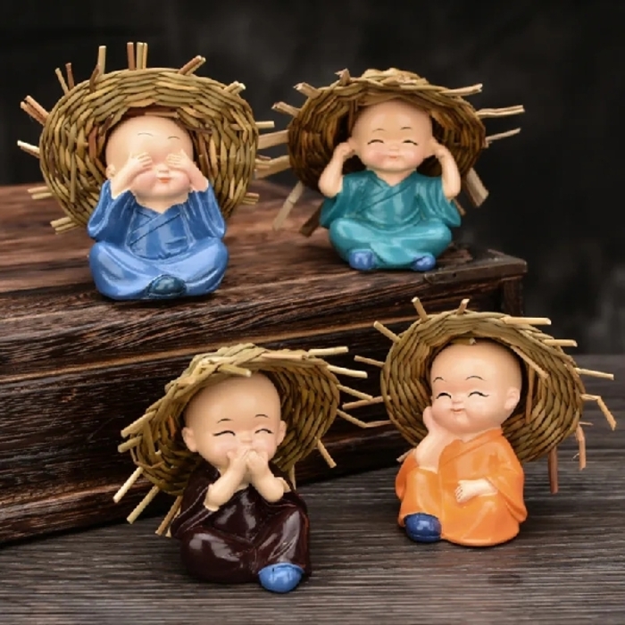 Small Buddha Statue Monk with Hat 4PCS