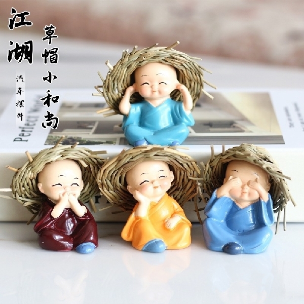 Small Buddha Statue Monk with Hat 4PCS