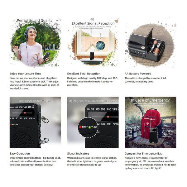 PRUNUS Portable Radio AM FM, Battery Operated Radio with Tuning Light, Back Clip