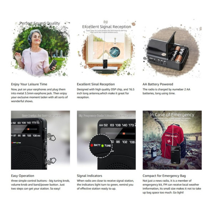 PRUNUS Portable Radio AM FM, Battery Operated Radio with Tuning Light, Back Clip