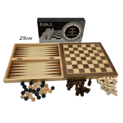 Chess Set 3in1 Wood 29cm Non-Magnet Board