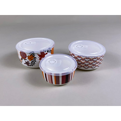 Ceramic Bowl w/Lid 3PCS Set - Red Floral Pattern