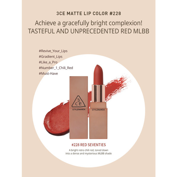 ក្រែមលាបមាត់ 3CE Matte Lip Color #228 RED SEVENTIES
