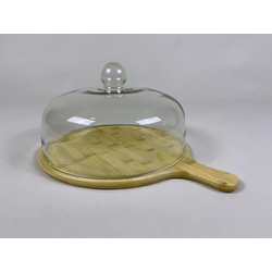 Cake Stand (L) w/Wooden Tray, Handle & Glass Dome Dia32xH21cm