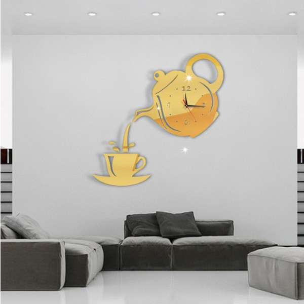 New Creative DIY Acrylic Coffee Cup Teapot 3D Wall Clock Decorative