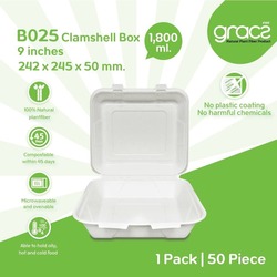 B025 Compostable Clamshell Box 9 inch 1,800ml x 50s
