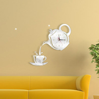 New Creative DIY Acrylic Coffee Cup Teapot 3D Wall Clock Decorative