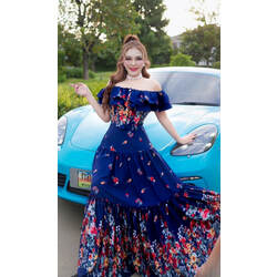 [បិទស្មា | Off shoulder ] SET សូត្រអ៊ីតាលី #Navy (00-225) | 