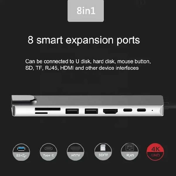 8in1 USB Type-C HUB HD 4K Multi port USB 3.0 with 100M Lam 