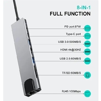 8in1 USB Type-C HUB HD 4K Multi port USB 3.0 with 100M Lam 