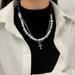 Faux Pearl Cross Pendant Layer Necklace