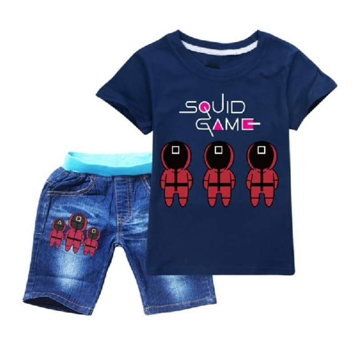 Squid Game Set - Short Sleeves T-Shirt with Denim Shorts - Blue
