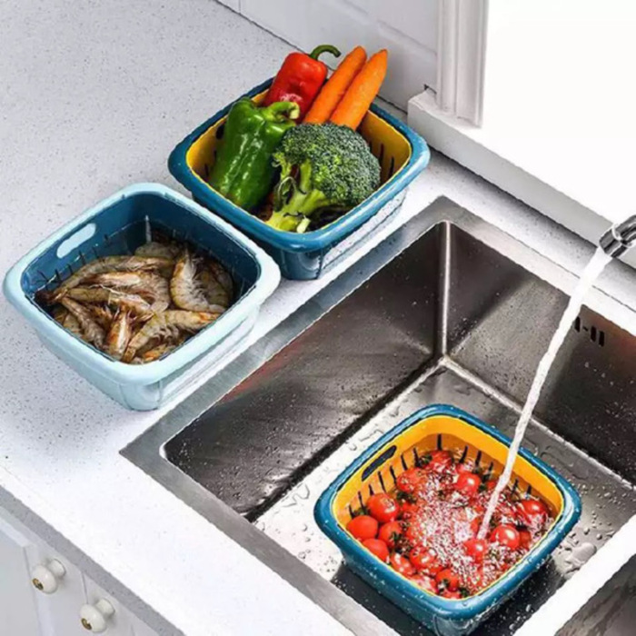 Double Layer Drain Basket Box with Lid - 3PCS