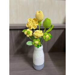  Crochet Flowers Bouquet Tulip, Rose, Puff (ថូដបថ្ម) ផ្កាជាថូចំរុះ ទូលីប កូលាប ផ្កាប៉ោង