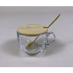 Glass Cup w/Lid & Gold Spoon Dia.10.7xH9cm