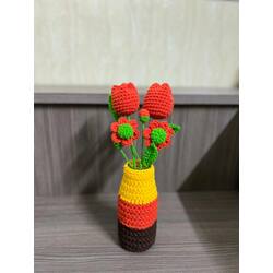  Crochet Flowers Bouquet 2Tulip, 2Puff ​(ថូដបថ្ម) ផ្កាជាថូចំរុះ​ ទូលីប ផ្កាប៉ោង